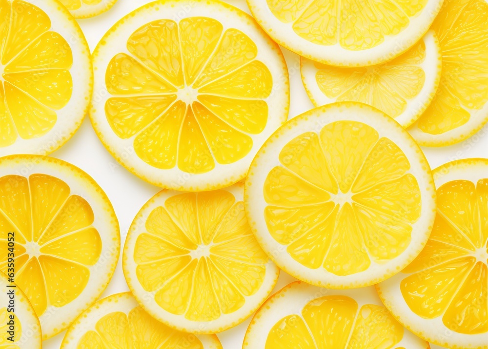Sliced lemon circles laid on white surface
