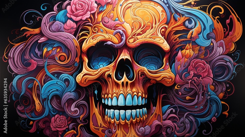 Skull graffiti image in bright colours on a dark background. Skull graffiti image in bright colours on a dark background.