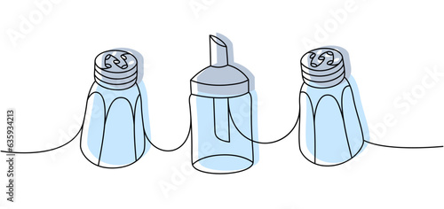 Kitchen utensils one line colored continuous drawing. Salt shaker, paper shaker, portion sugar bowl continuous one line illustration.
