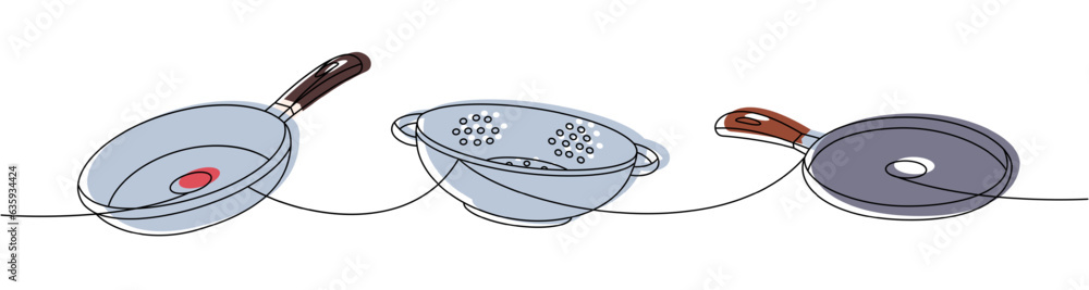 Kitchen utensils one line colored continuous drawing. Frying pan, sieve, colander continuous one line illustration. - obrazy, fototapety, plakaty 