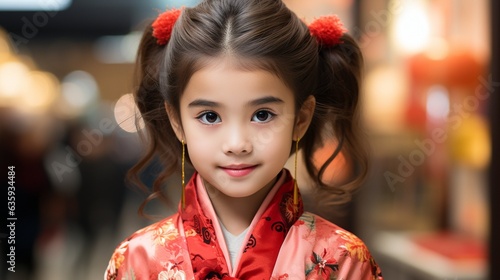 Wishing you a happy Chinese New Year from an East Asian girl. A red Chinese garment was on her..