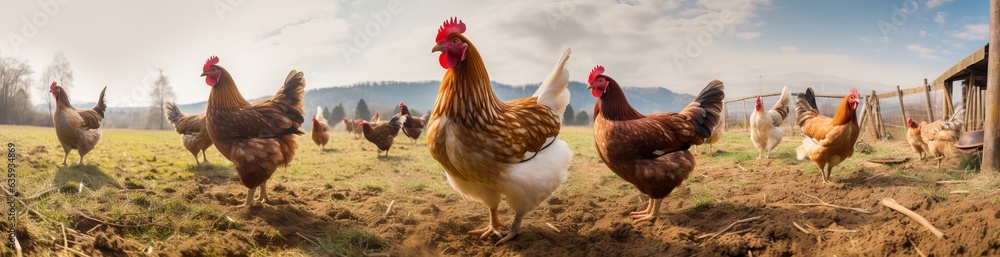 Fototapeta premium farm photo of chicken walking on the grass
