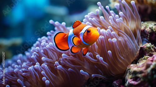 Marine life oceanic backdrop - Captivating clownfish (Amphiprion percula) gracefully navigating a vibrant coral reef, showcasing the endearing charm of this adorable anemone fish.  © Julia