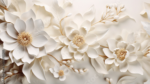 Luminous white abstract background with intricate 3D tiles showcasing a floral motif of vibrant flowers and delicate leaves, forming a captivating pattern reminiscent of a flower 