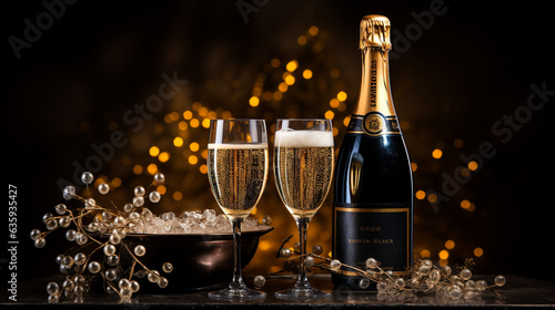 Panoramic banner for HAPPY NEW YEAR 2024 celebration holiday greeting card - Isolated champagne or sparkling wine bottles, a bucket, and clinking toasting glasses elegantly positio photo