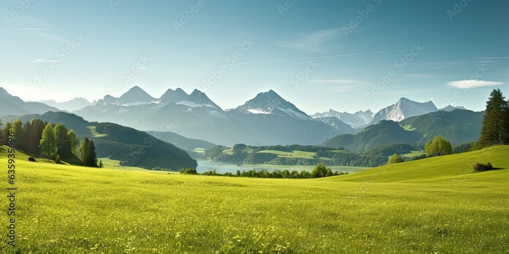 High mountain meadows. Majestic mountains and tranquil waters - obrazy, fototapety, plakaty 