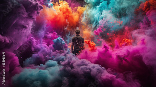 Person engulfed in neon colored chalk smoke. Concept of Colorful haze, artistic expression, vibrant smoke, chalk art, immersive ambiance, vibrant colors, sensory experience, colorful atmosphere. © Lila Patel