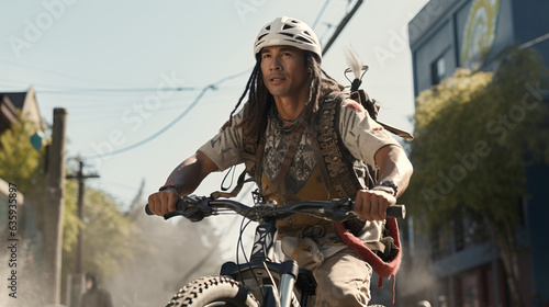 Native American man riding on bicycle in sunny city streets. Concept of Urban cycling, active transportation, sunny cityscape, cultural diversity, Native American cyclist, urban mobility.