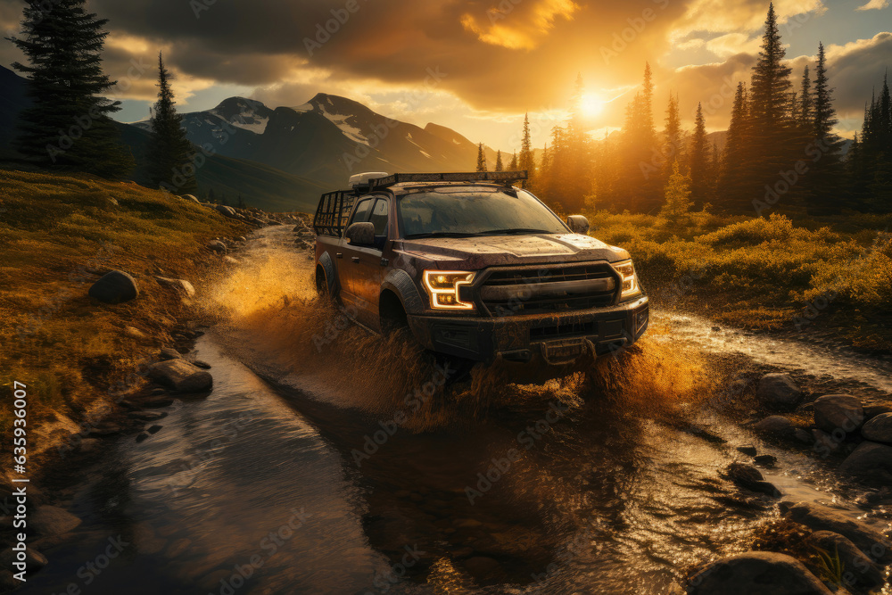 Off-Road Adventure: Pickup Truck Dashing through a Stream at Sunset