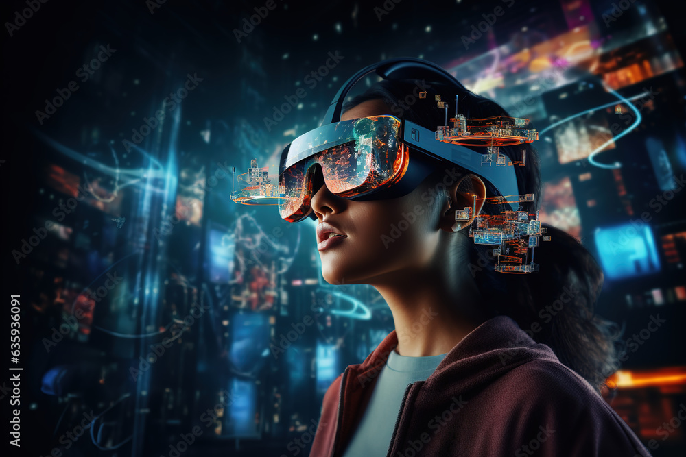 A person using augmented reality glasses amidst floating digital icons A person using augmented reality glasses amidst floating digital icons