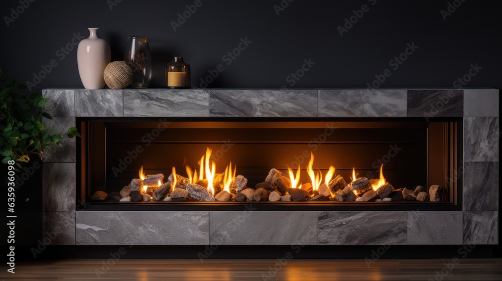 Obraz premium Fireplace with burning wood logs, bright flames