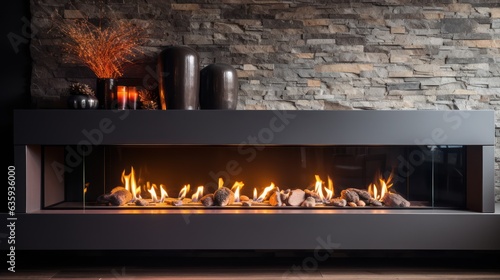 Fireplace with burning wood logs, bright flames