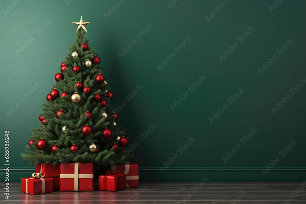 Big beautiful christmas tree decorated with gift boxes under the tree , space for text Generative AI