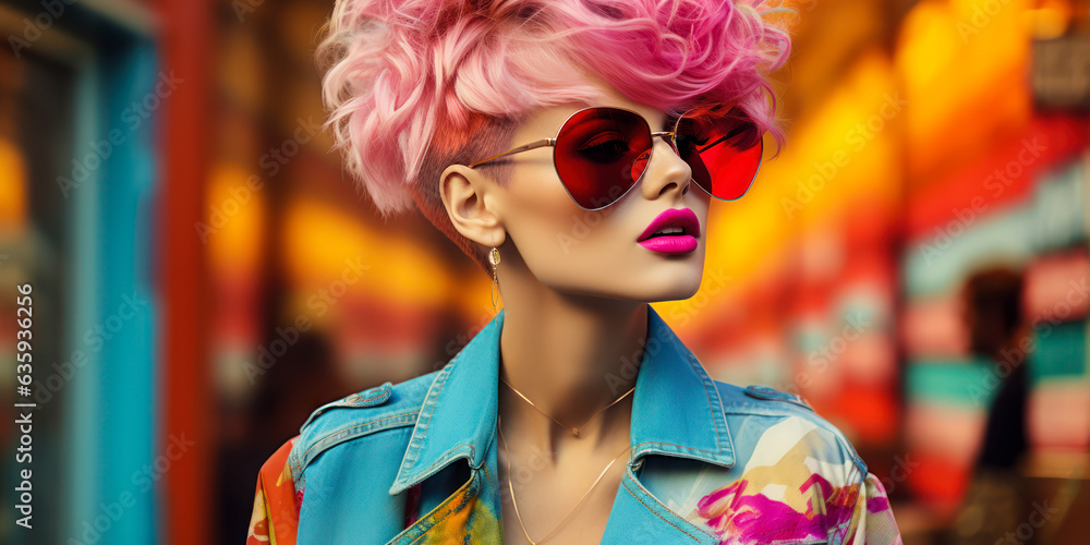 Trendy Urban Hipster: Profile of Girl with Vivid Hair and Sunglasses