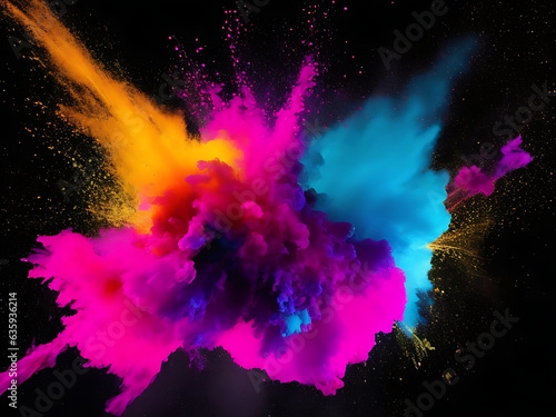 Holi paint rainbow multi colored powder explosion on black background. Abstract 3d explosion wallpaper generated ai