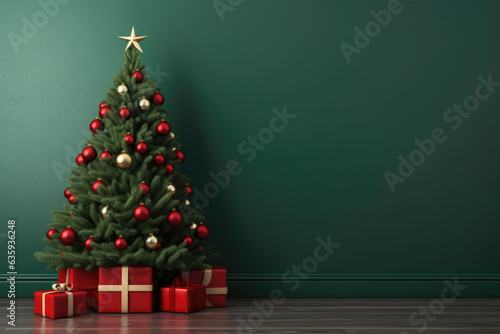 Big beautiful christmas tree decorated with gift boxes under the tree , space for text Generative AI