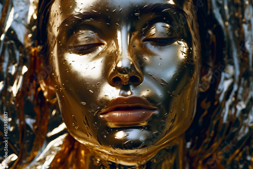 Close up of woman s face with rain drops on it.