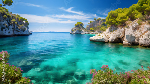 Immerse yourself in the Mediterranean s natural wonders with this captivating image. Pristine beaches stretch as far as the eye can see  lapped by gentle waves that invite you to dip your toes in the