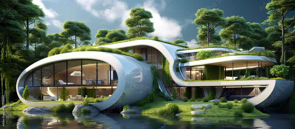 green modern futuristic home with solar panels on roof, alternative energy technologies, residential house contemporary building, generative AI