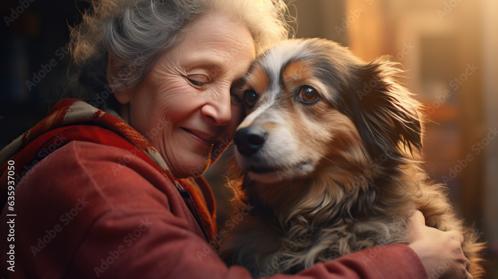 Grandmother elder woman hugging dog companion. Concept of Intergenerational bond, pet companionship, dog's comfort, loving embrace, senior and dog connection, furry friend, elder's joy.