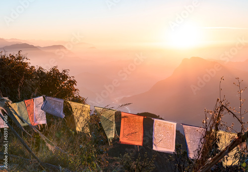 A colourful sunrise over the mountains of the Anapurna range, Australian Camp, Himalayas, Nepal, Asia photo