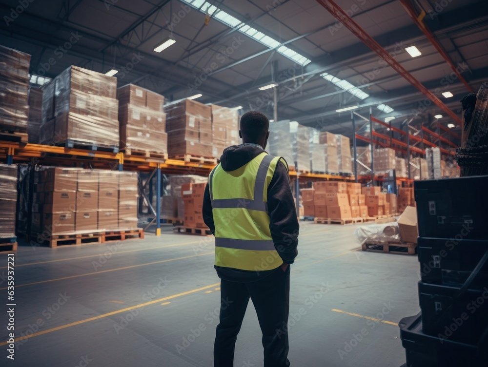 Fototapeta premium Fotografía de un experto en logística en un almacén, coordinando la logistica de distribución global.