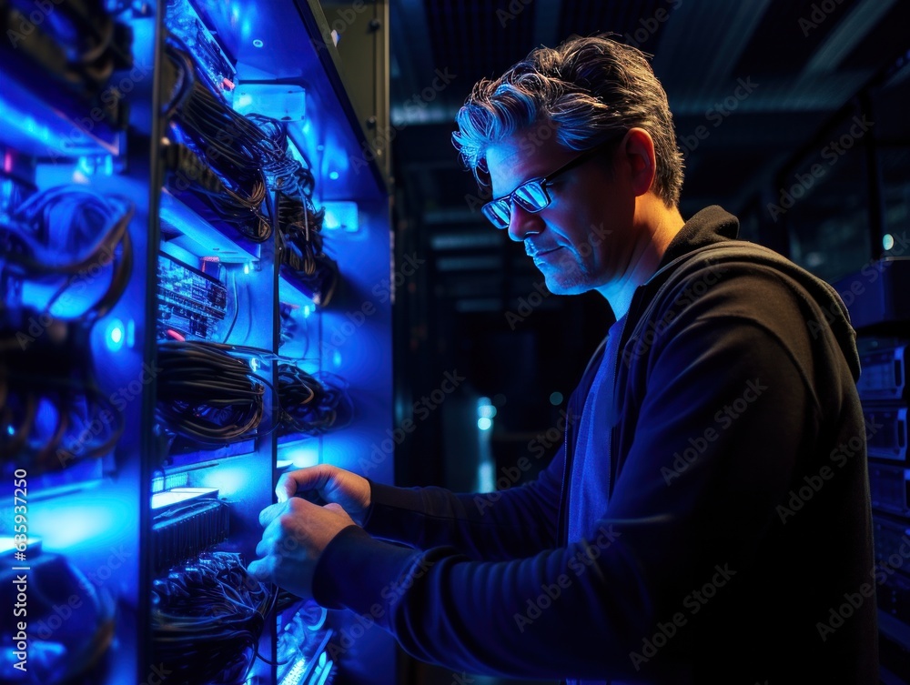Fotografía que muestra a un gurú tecnológico en una sala de servidores, las luces azules componiendo una sinfonía digital. - obrazy, fototapety, plakaty 
