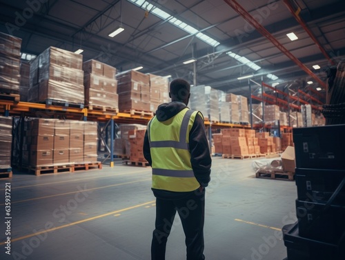Fotografía de un experto en logística en un almacén, coordinando la logistica de  distribución global.