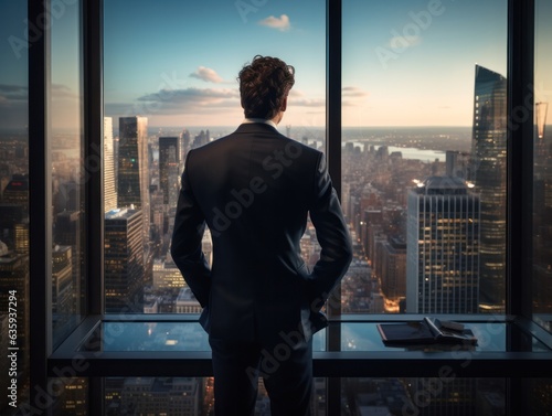 Fotografía de un joven ejecutivo mirando desde un rascacielos, con reflejos de la bulliciosa ciudad delineando infinitas posibilidades.