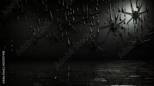 Halloween-themed dark backdrop with a silhouette of a spider web against a black wall.