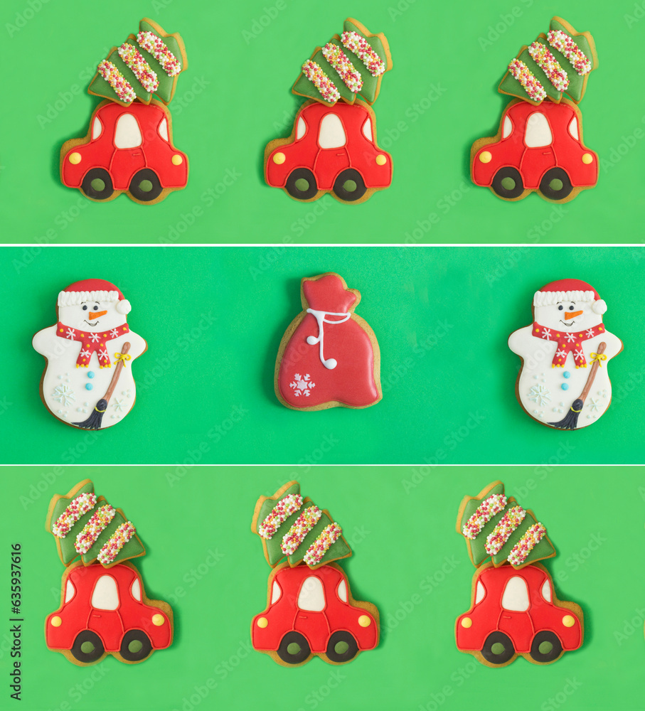 Fototapeta premium Christmas collage. Christmas gingerbread in the shape of a car with fir, snowman and bag on the green background. Pattern.