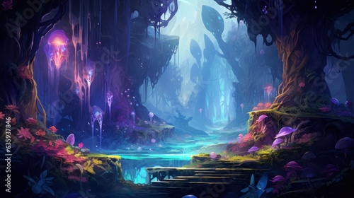 Futuristic wilderness at night  where bioluminescent plants and neon creatures thrive in an electrifying ecosystem