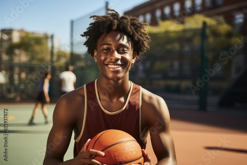 Portrait of a young african american boy smiling and looking at camera on a basketball court in New York