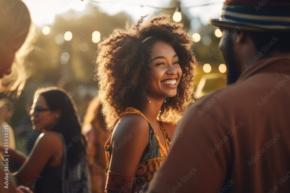 Young beautiful african american woman dancing at a music festival party
