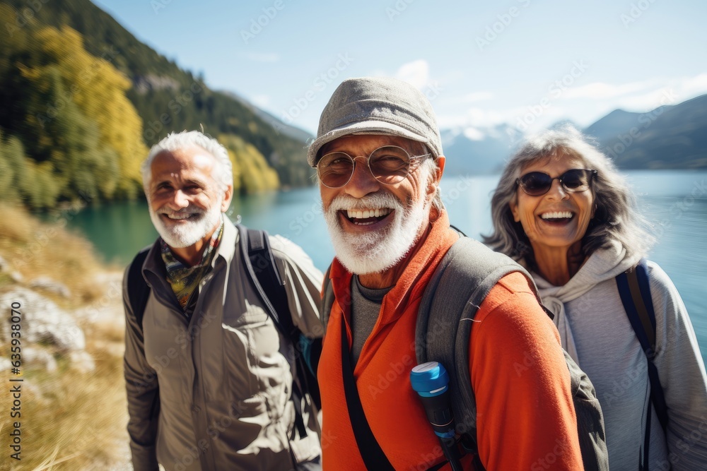 Group of senior people hiking in the mountains and exploring the lakes of switzerland and the alps