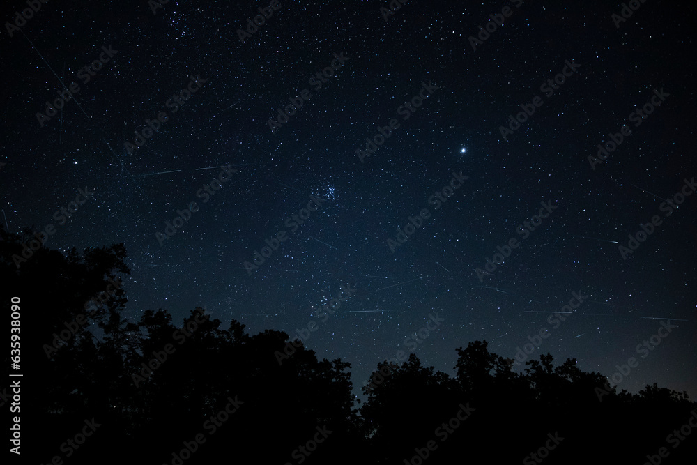 Night Sky With Perseid Meteor Shower, Pleiades Asterism And Satellites