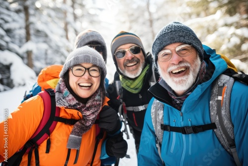 Group of senior people hiking in a forest and mountains during winter with snow