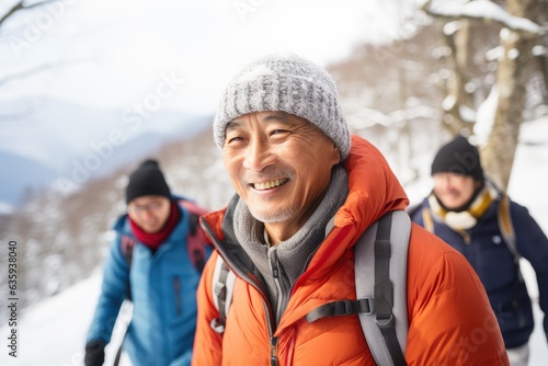 Group of senior asian people hiking in a forest and mountains during winter with snow
