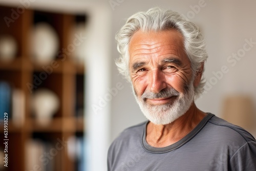 Portrait of a senior caucasian man smiling and looking at camera inside of his house in the countryside