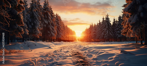 Sunset in a snowy forest. Generative AI. photo