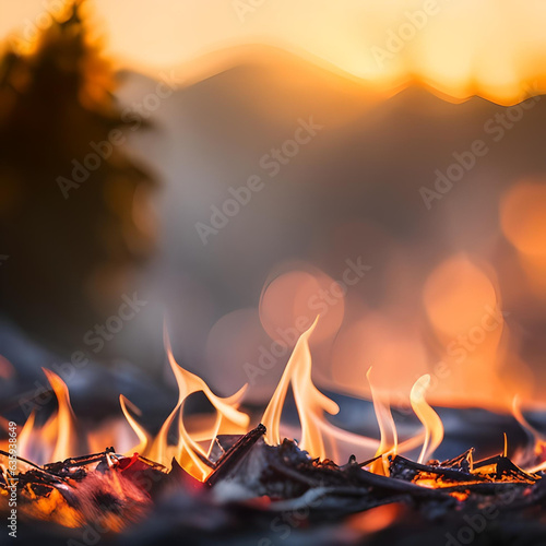 Flames Rising From Burning Forest Litter With a Pine Tree and Mountains Blurred in the Background