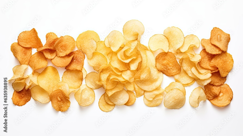 An image of a pile of potato chips artistically scattered across a blank white canvas. An image of a pile of potato chips artistically scattered across a blank white canvas.