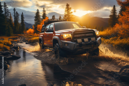 Pickup Truck Dashing through a Sunset Soaked Stream © Andrii 