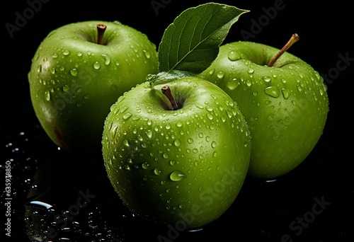 Apple with leaf on black background