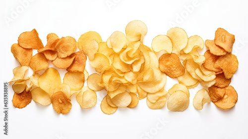 An image of a pile of potato chips artistically scattered across a blank white canvas.