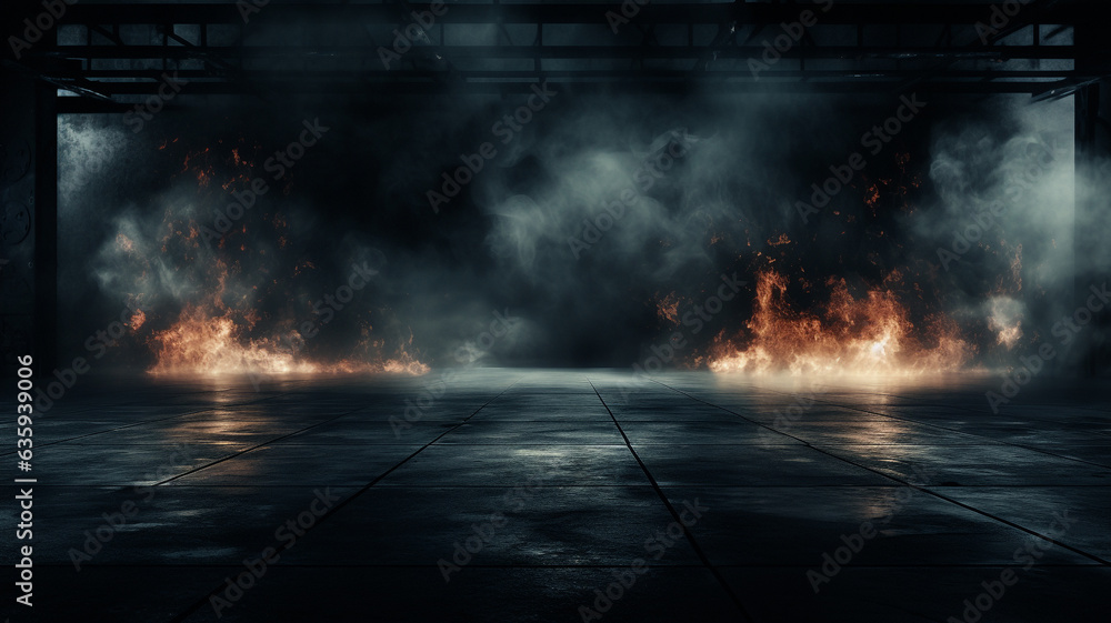 A bonfire is burning in an empty warehouse.