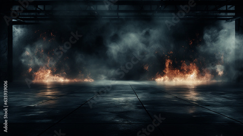 A bonfire is burning in an empty warehouse.
