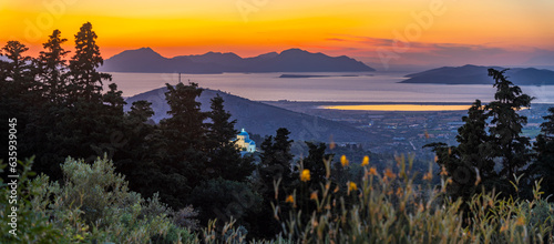 View of Kos Island and Greek Orthodox church from Zia Sunset View at sunset, Zia Village, Kos Town, Kos, Dodecanese, Greek Islands, Greece