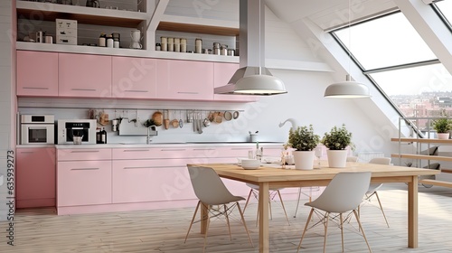  a kitchen with pink cabinets and a wooden table with white chairs. generative ai