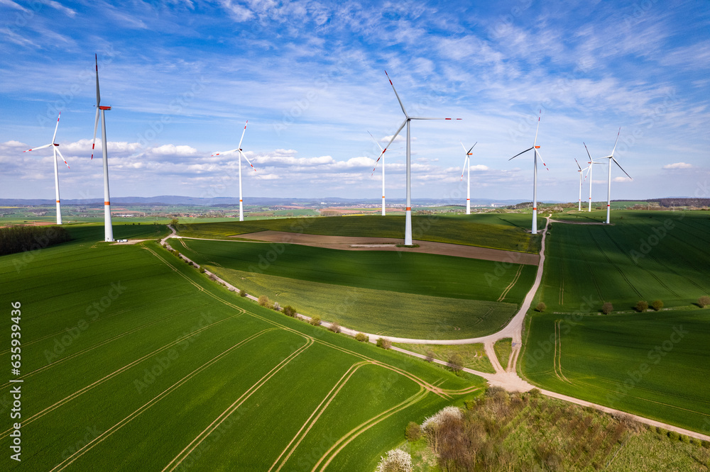 Wind turbines Windmill Energy seen from aerial view drone. Germany.